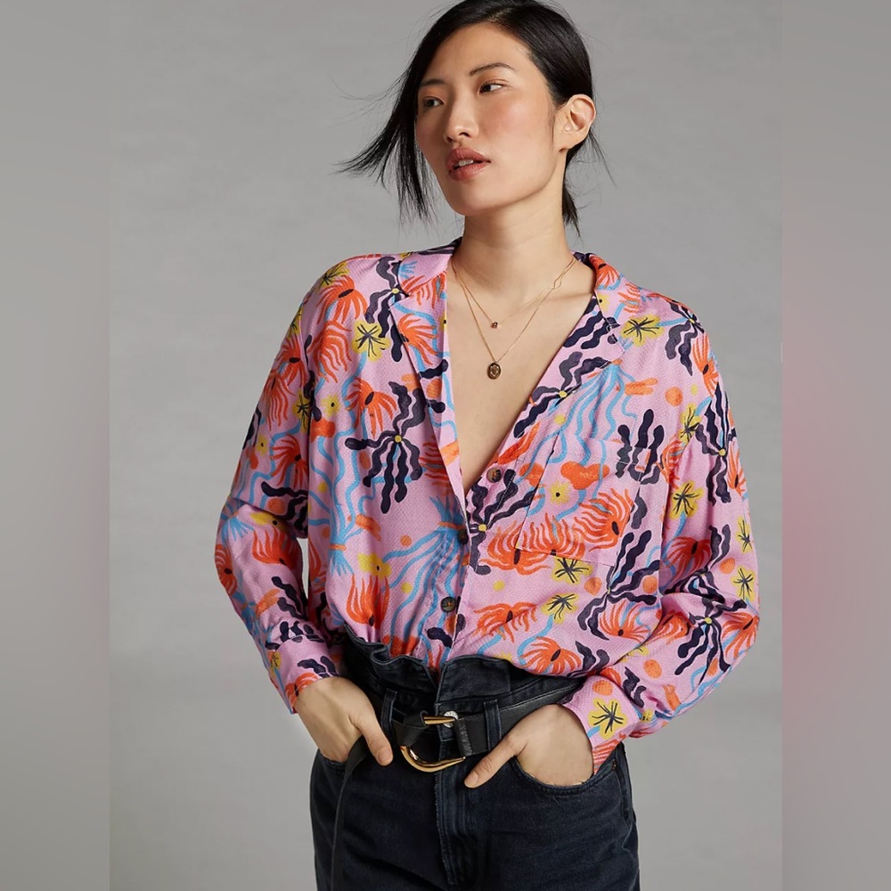 NEW Anthropologie X Meg Fransee Charmer Shirt Oversized Button Up Colorful 522